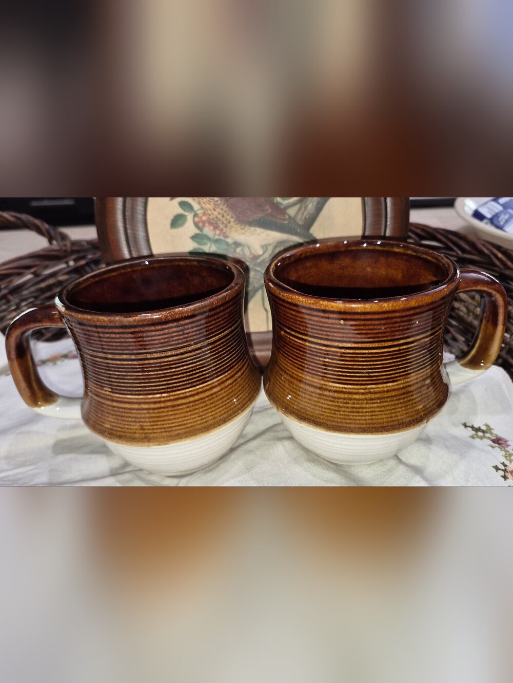 Vintage Brown Ribbed Stoneware Mugs featuring a distinctive white or cream base
